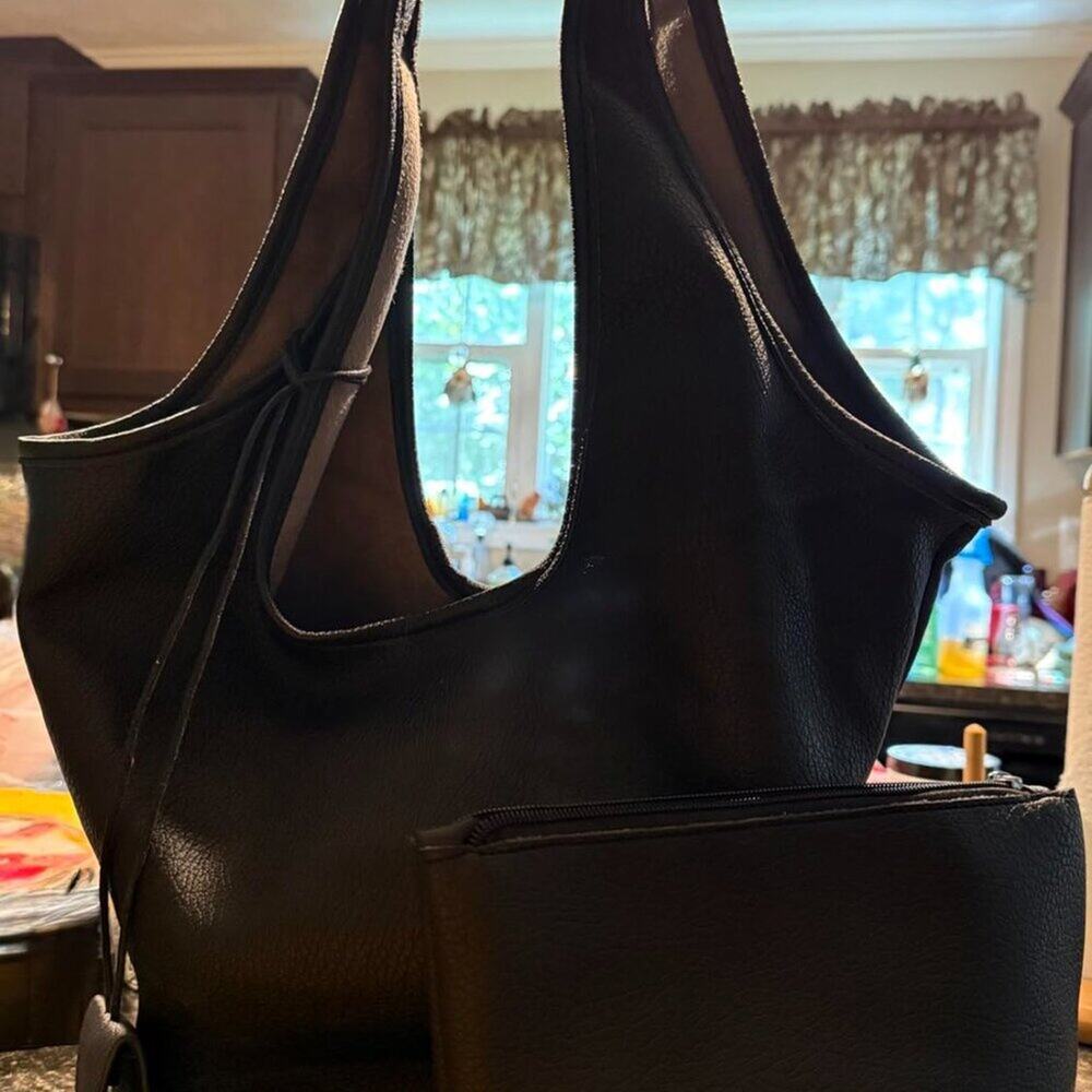 Women Slouchy Hobo Bag 2PCS Black Vegan Leather Large Capacity Shoulder Tote Bag - Picture 6 of 8